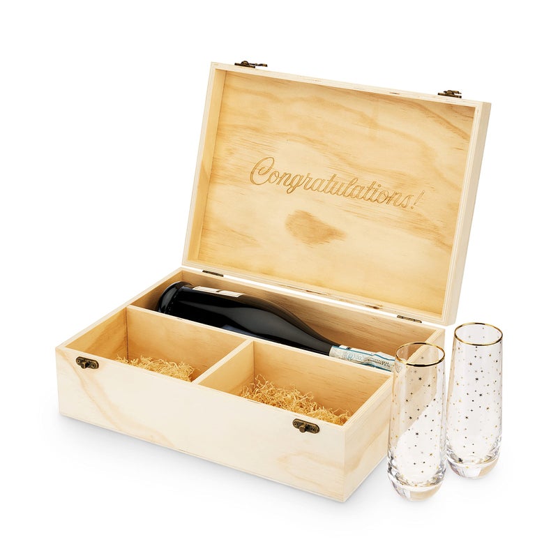 Twine Champagne Bottle Gift Box, Wine Box with Lid and 2 Stemless Flutes, Packing Straw, Holds 1 Champagne Bottle, Wood - Image 1